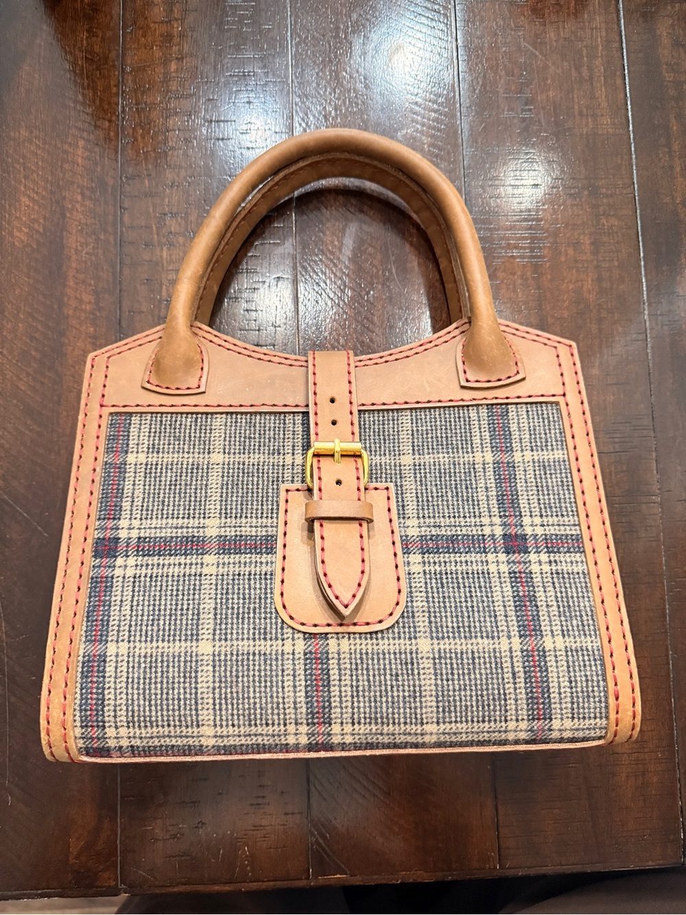 Handmade Leather Bag with plaid accent